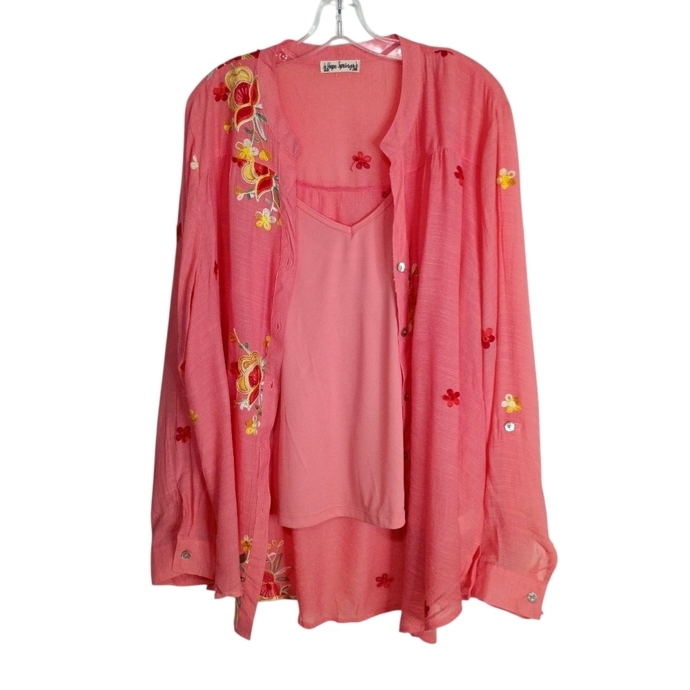 Hope Springs -Peach / Coral Floral Embroidered 2 Piece Blouse- XL